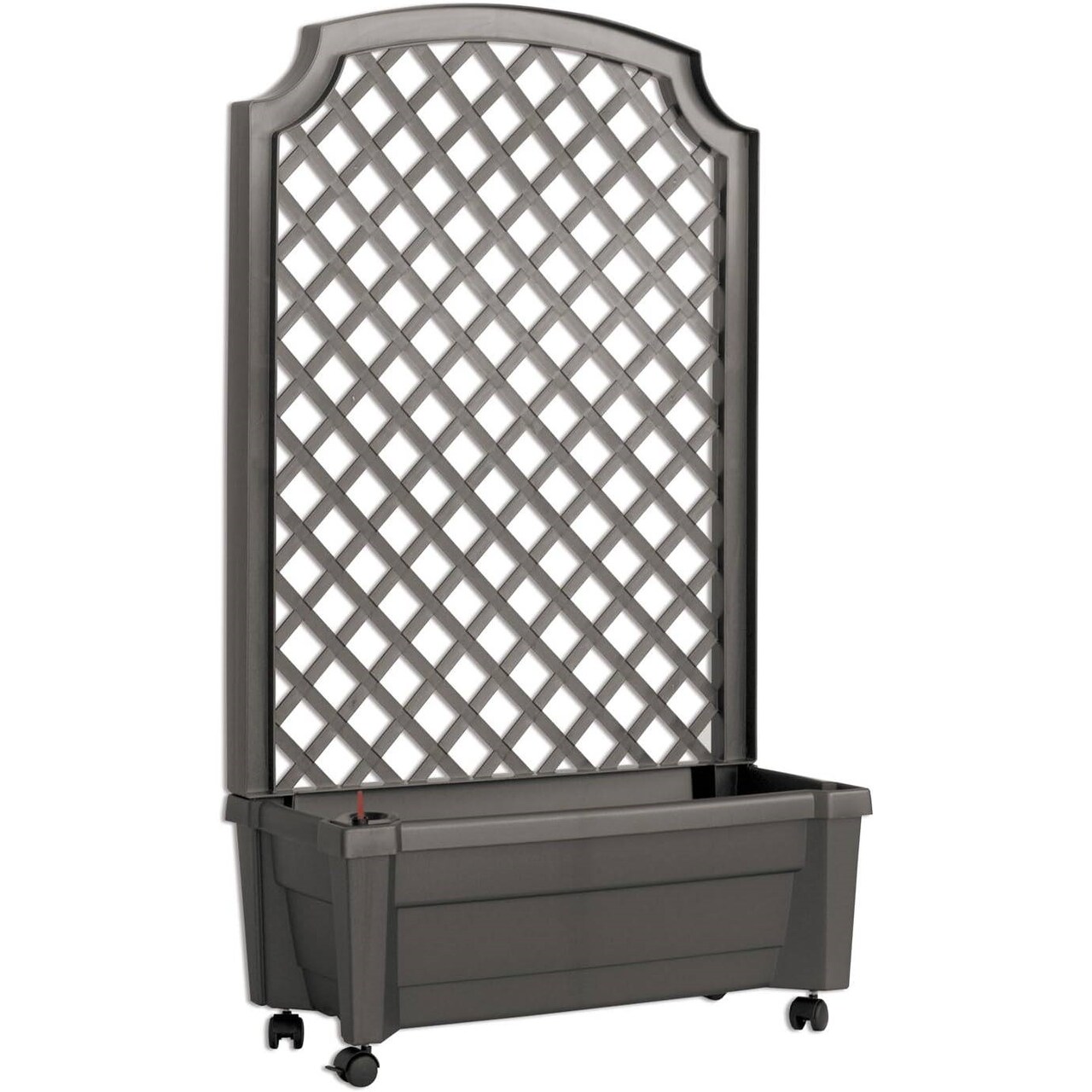 Outdoor Grey Plastic Self-Watering Garden Planter with Trellis and Locking Wheels